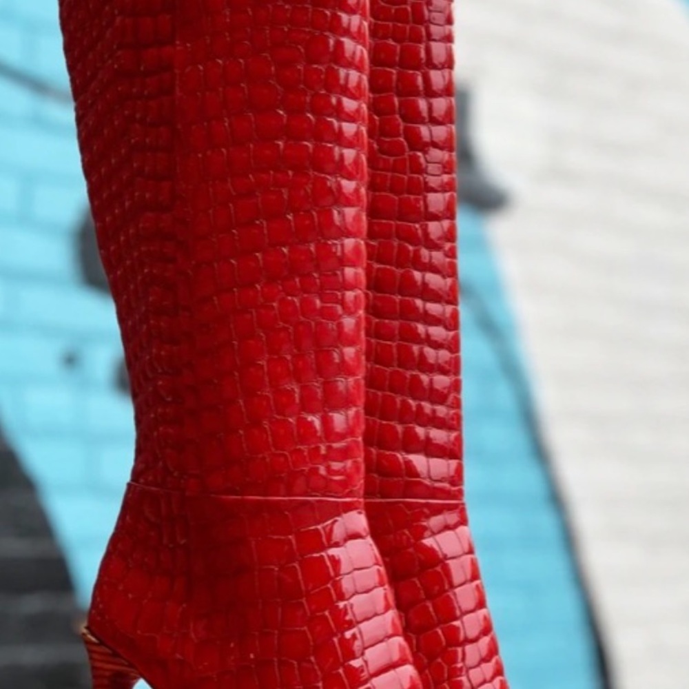 Red Croc-Embossed Knee-High Boots